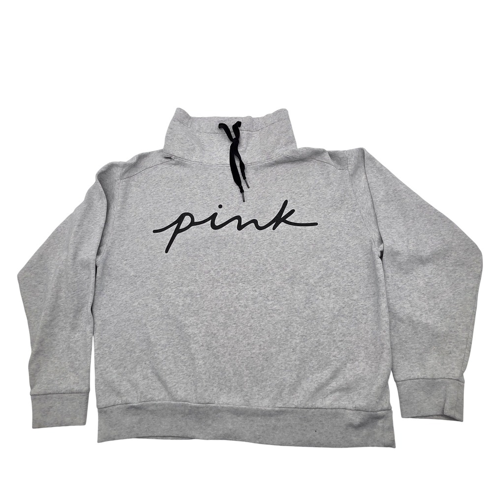 Pink VS Funnel Neck Sweatshirt WMN M Gray Script Logo Pullover Coquette Lounge
